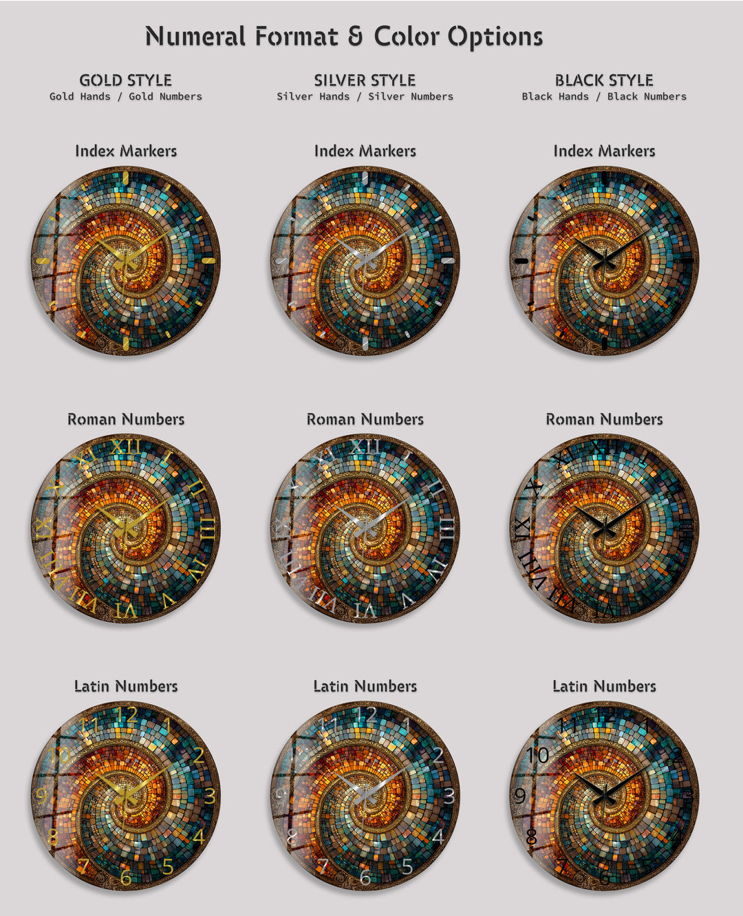 Spiralmosaik-Glaswanduhr – abstrakte Kunst in Blaugrün und Kupfer