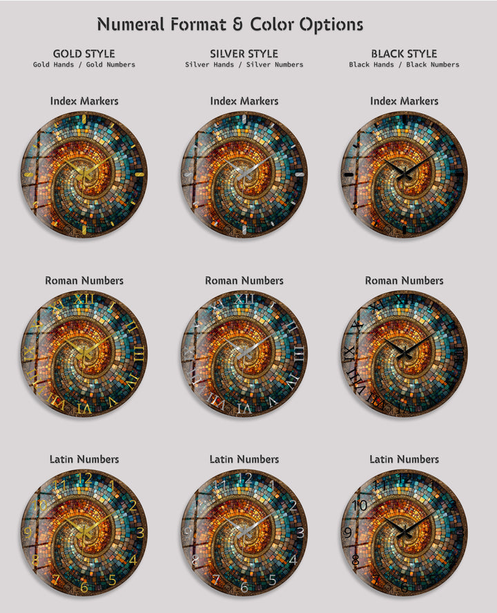 Spiralmosaik-Glaswanduhr – abstrakte Kunst in Blaugrün und Kupfer