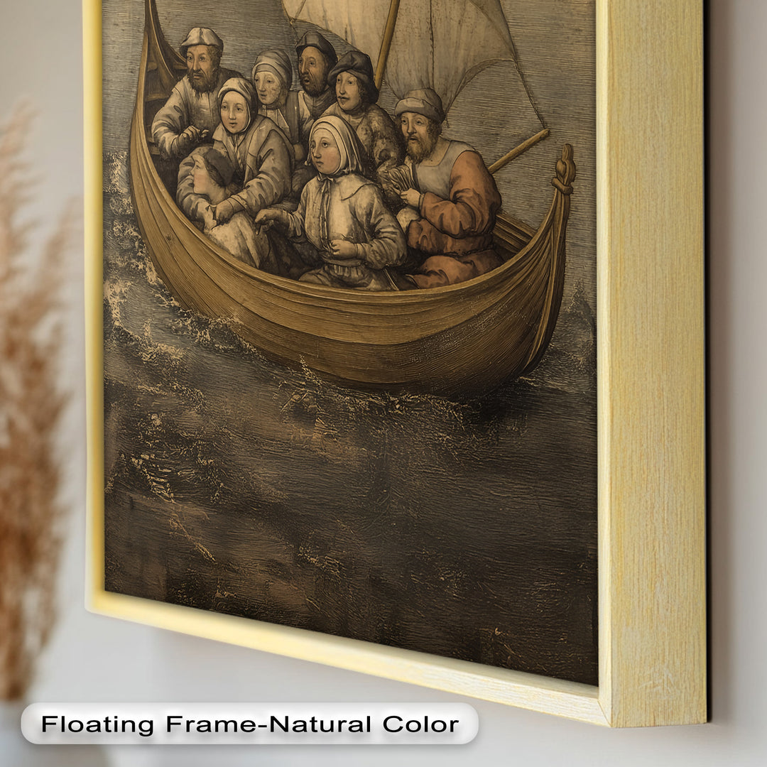 Medieval Sailors in Wooden Vessel - Historic Oil Painting