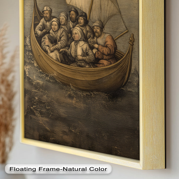 Medieval Sailors in Wooden Vessel - Historic Oil Painting