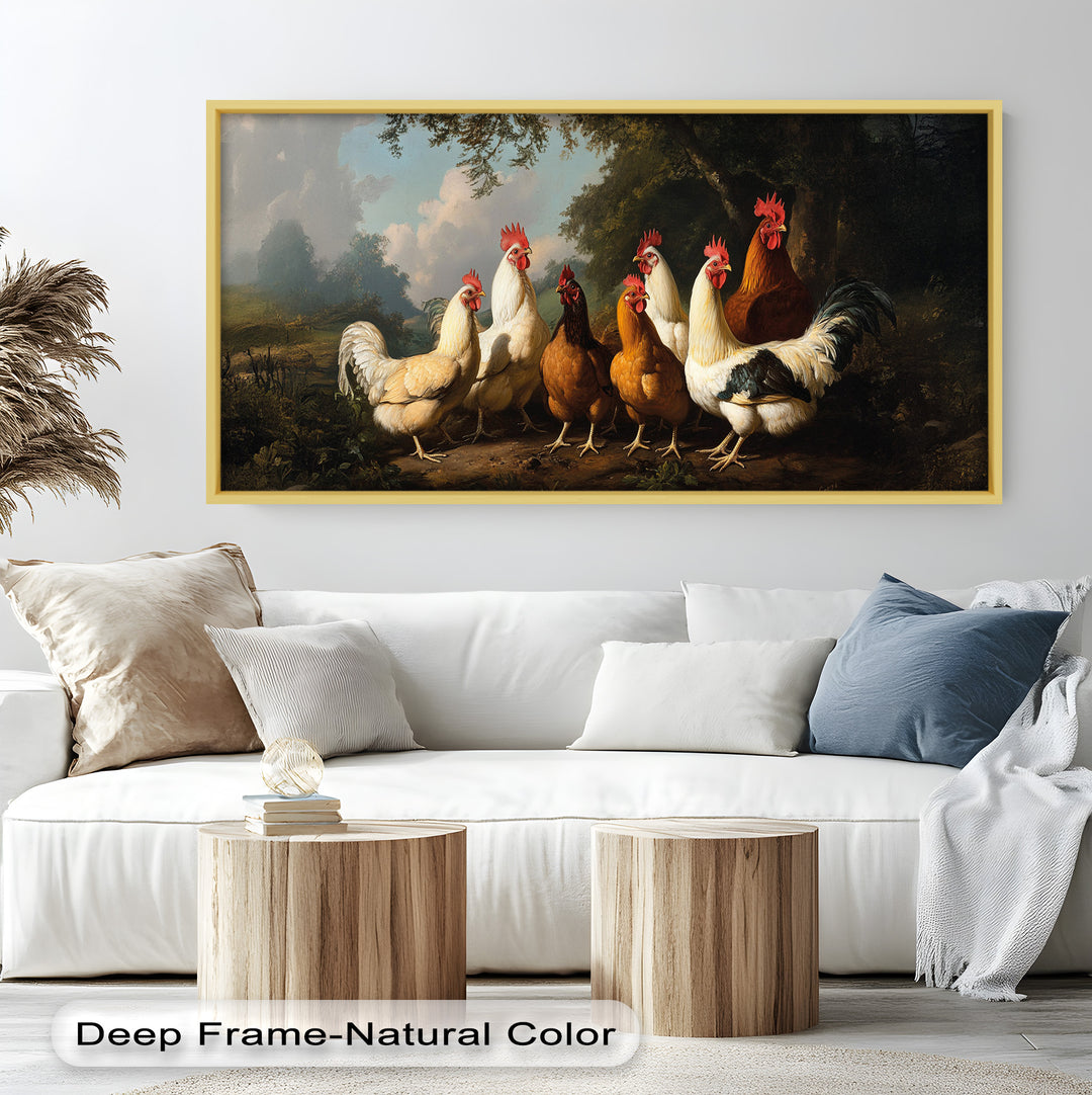 Roosters and Hens in a Countryside Clearing - Animal Oil Painting