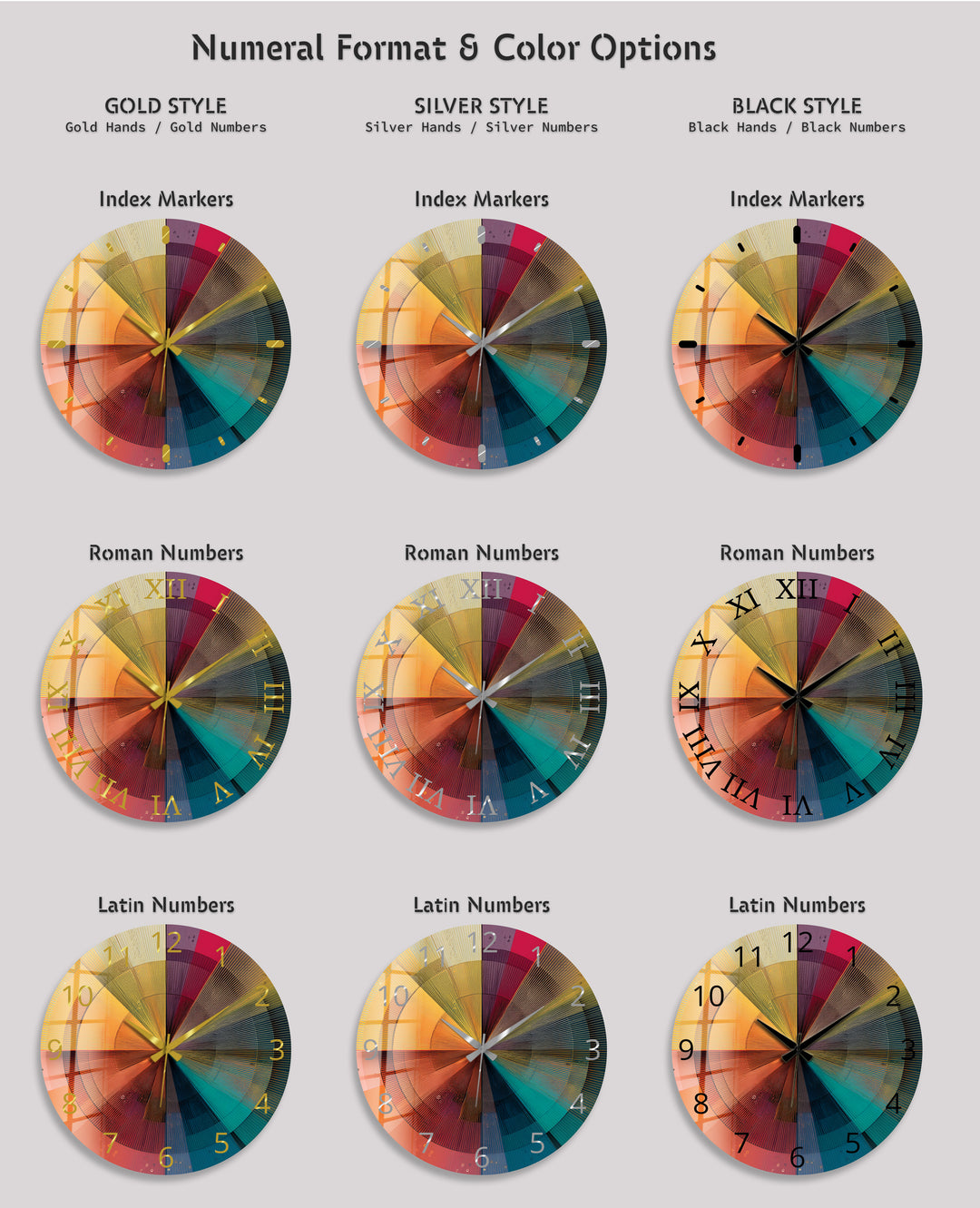 Colorful Geometric Glass Wall Clock – Retro Radial Art