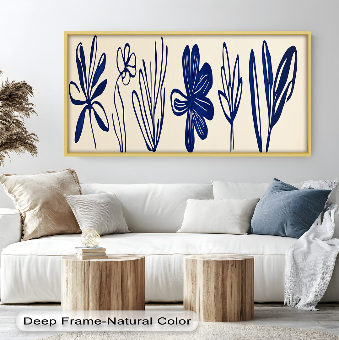 Indigo Bloom Line Art – Minimalistisches florales Ölgemälde