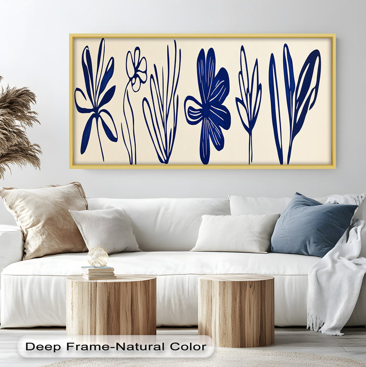 Indigo Bloom Line Art – Minimalistisches florales Ölgemälde