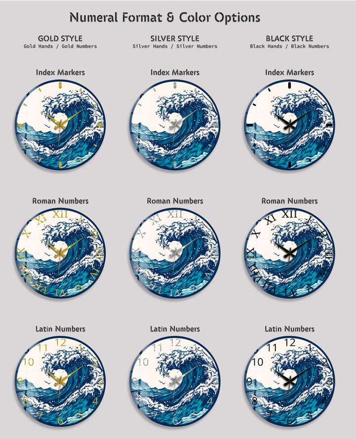 Japanese Wave Glass Wall Clock – Blue Ocean Coastal Decor