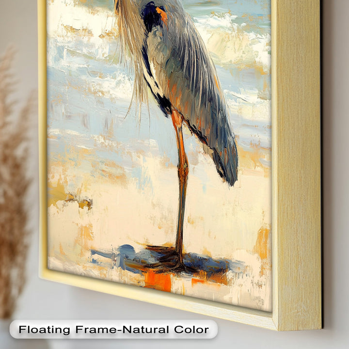 Elegant Heron Standing on Shoreline – Framed Oil Painting
