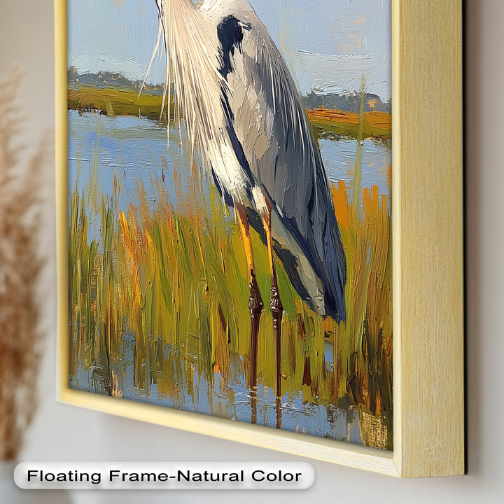 Heron in Sunlit Wetlands – Modern Oil Painting