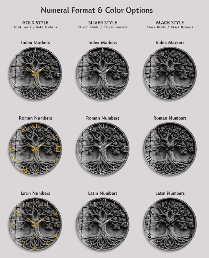 Black and White Tree of Life Glass Wall Clock – Celtic Style Art