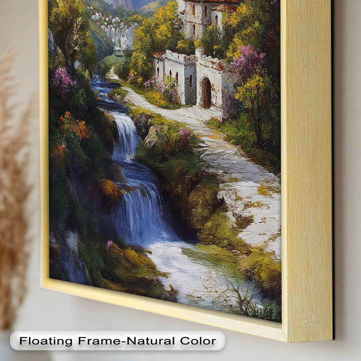 Mountain Abbey by the Falls – Serene Renaissance Oil Painting