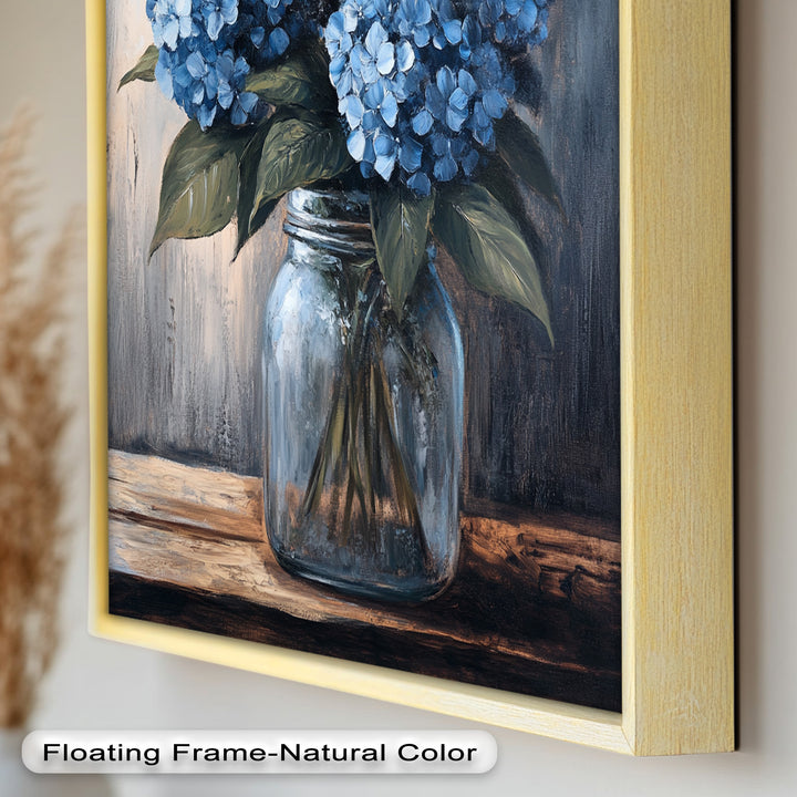 Blaue Gelassenheit – Hortensienblüten im Einmachglas, Blumenölgemälde