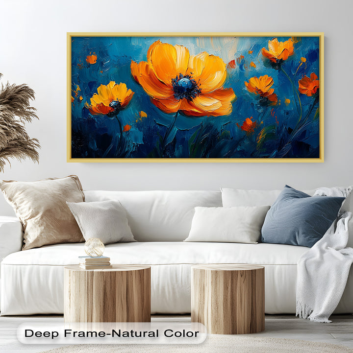 Orange Flowers on Deep Blue - Flower Oil Painting