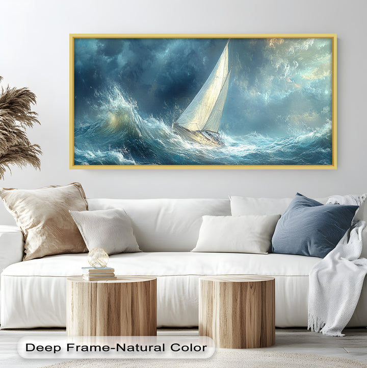 Into the Surge – Sailboat Battling Ocean Waves Oil Painting