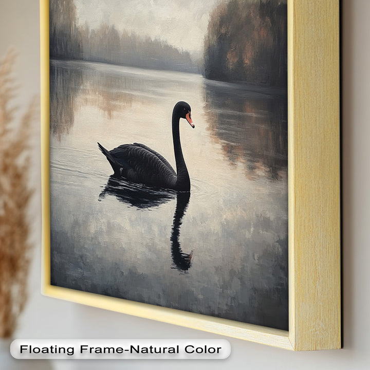 Black Swan at Dusk – Lake Scene Oil Painting