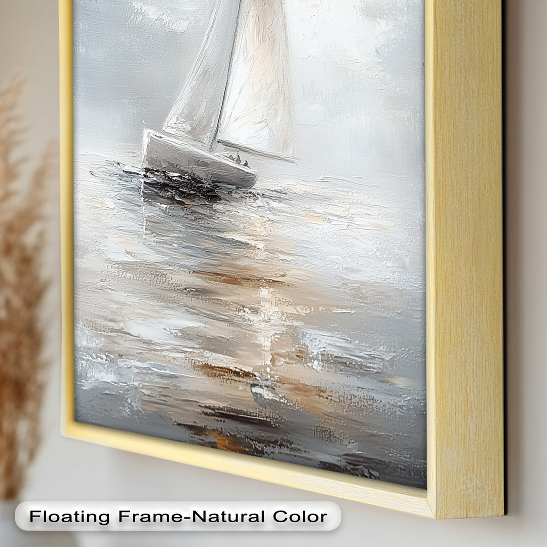 Sailing Through the Mist – White Boat Oil Painting