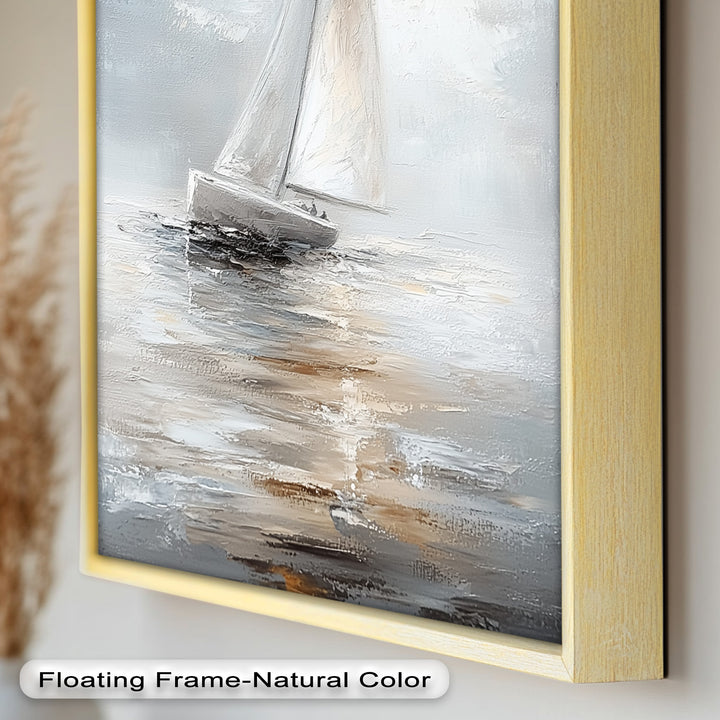 Sailing Through the Mist – White Boat Oil Painting
