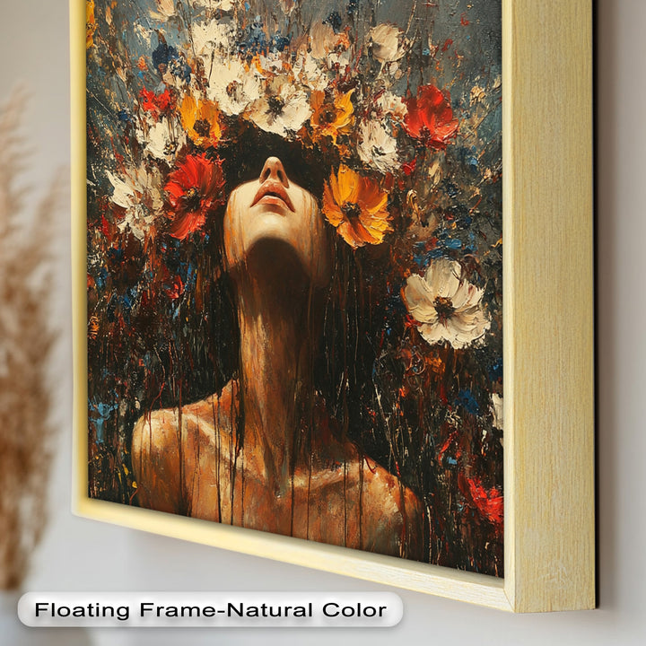 Floral Rebirth – Woman with Blossoming Crown Abstract Oil Painting