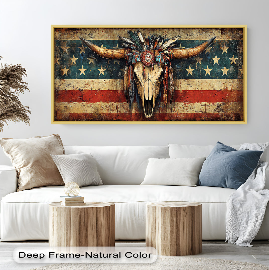 Tribal Longhorn Totenkopf mit Kopfschmuck – Amerikanisches Ölgemälde