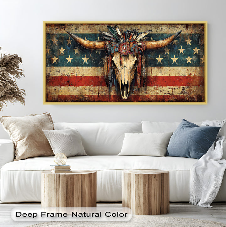 Tribal Longhorn Totenkopf mit Kopfschmuck – Amerikanisches Ölgemälde