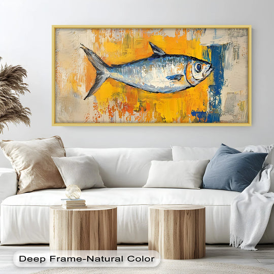 Serene mood conveyed by this animal oil painting reproduction print of a blue fish against a vibrant yellow backdrop creates a bright and coastal aesthetic.