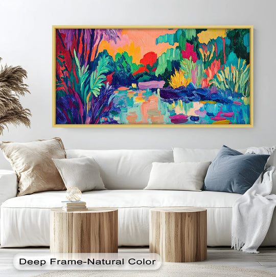 Visible surface texture highlights the vibrant impasto of this 'Tropical Reflections' fauvist oil painting art piece, creating a tactile, dimensional work.