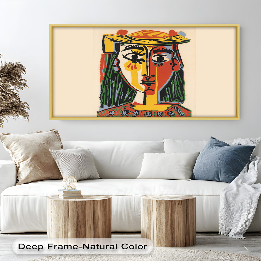 A vivid cubist portrait of a woman with divided facial features, painted in bold strokes of yellow, red, green, and black.