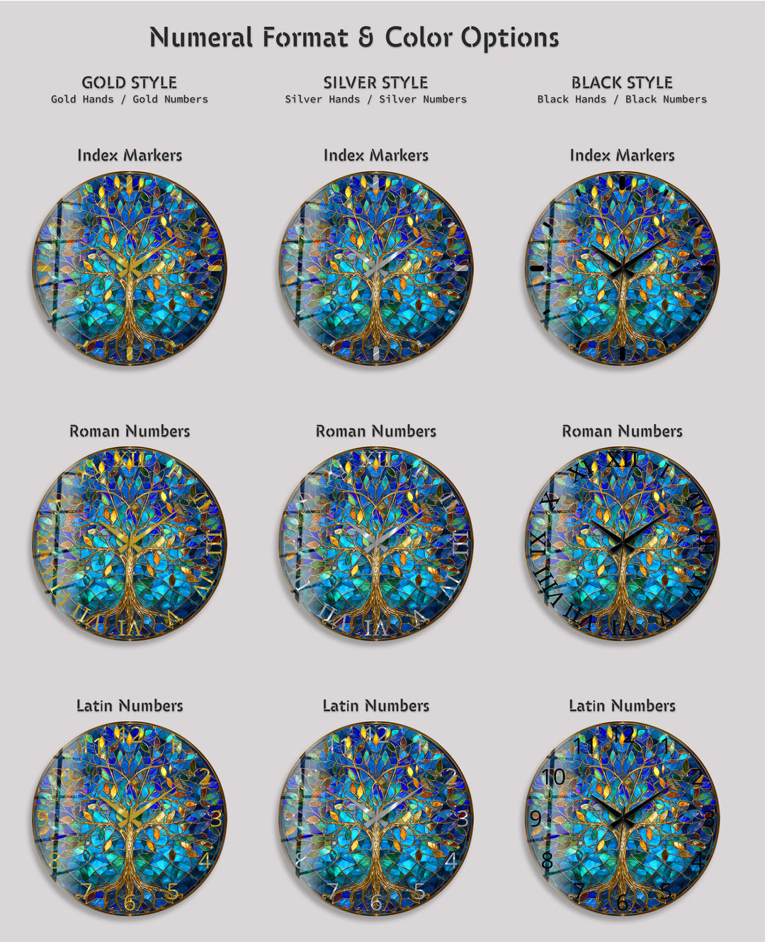 Blue Tree of Life Glass Wall Clock – Gold Stained Glass Style