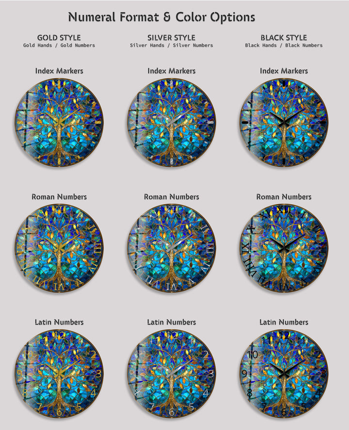 Blue Tree of Life Glass Wall Clock – Gold Stained Glass Style