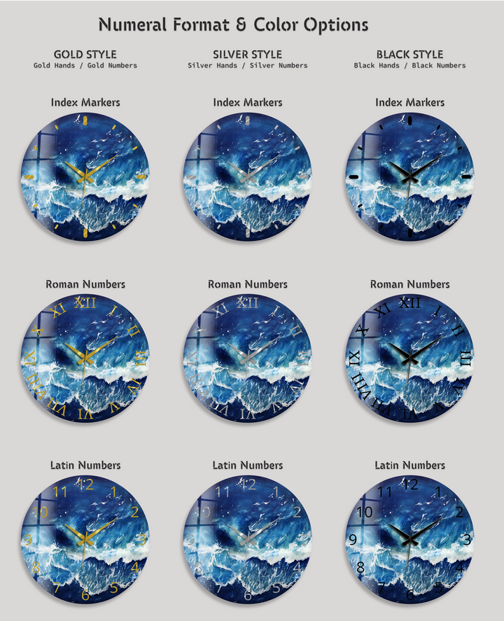 Abstract Blue Ocean Glass Wall Clock – Coastal Wave Art