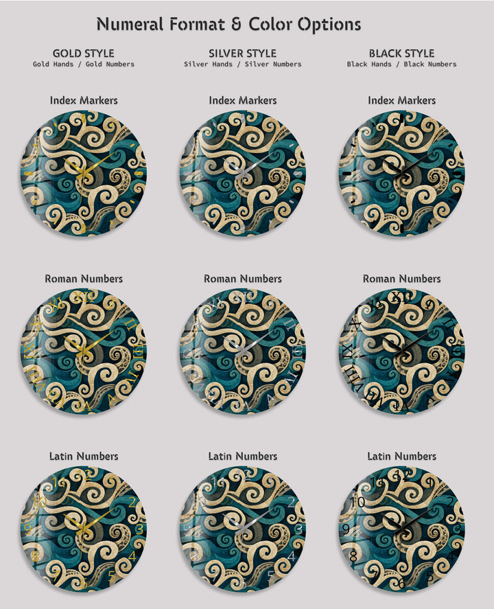 Teal Spiral Glass Wall Clock – Blue and Beige Abstract Swirl Art
