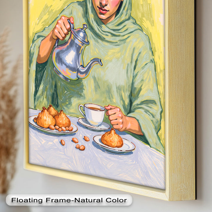 Woman Pouring Tea with Traditional Sweets - Food Painting