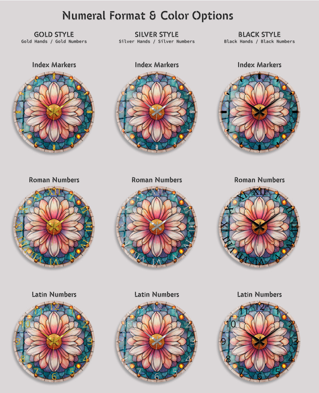 Rosa florale Glas-Wanduhr – Dekor im Buntglas-Stil