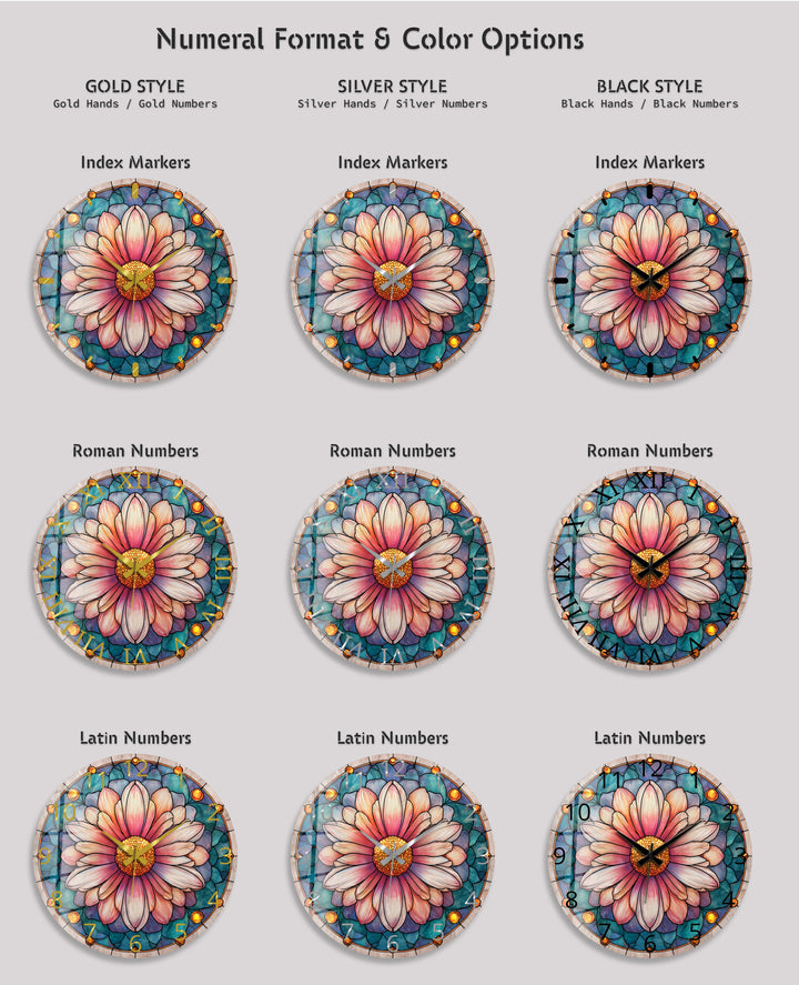 Rosa florale Glas-Wanduhr – Dekor im Buntglas-Stil