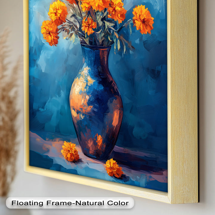 Golden Marigolds in Midnight Blue – Flower Oil Painting