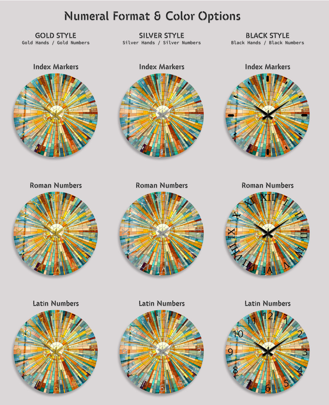 Geometrische Sunburst-Glaswanduhr – Bunte Mosaikkunst