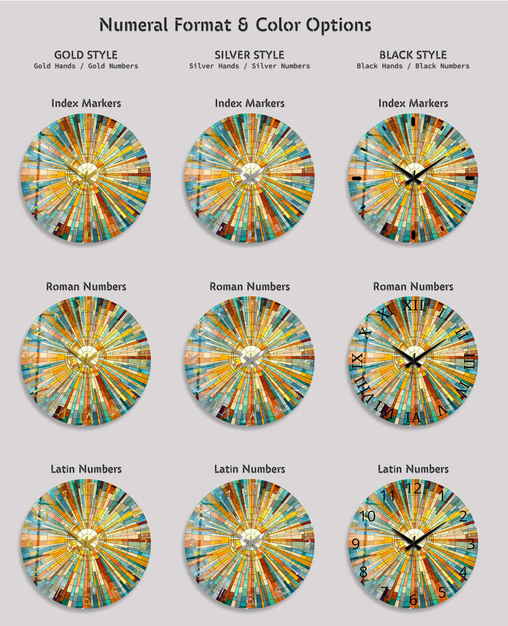 Geometrische Sunburst-Glaswanduhr – Bunte Mosaikkunst