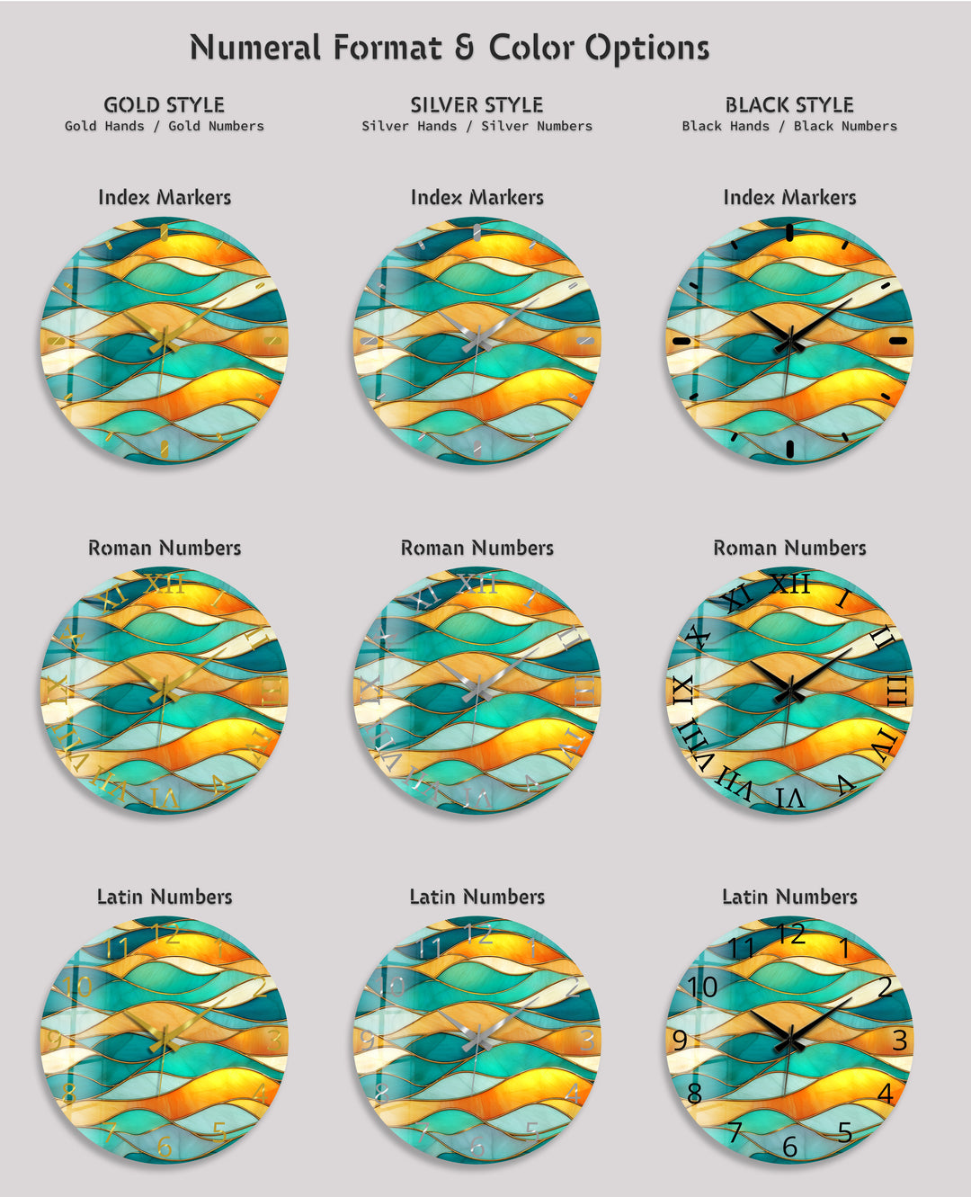 Turquoise Wave Glass Wall Clock – Abstract Stained Glass Decor