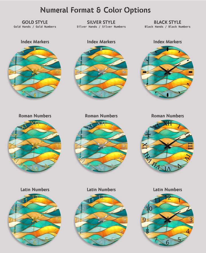 Turquoise Wave Glass Wall Clock – Abstract Stained Glass Decor
