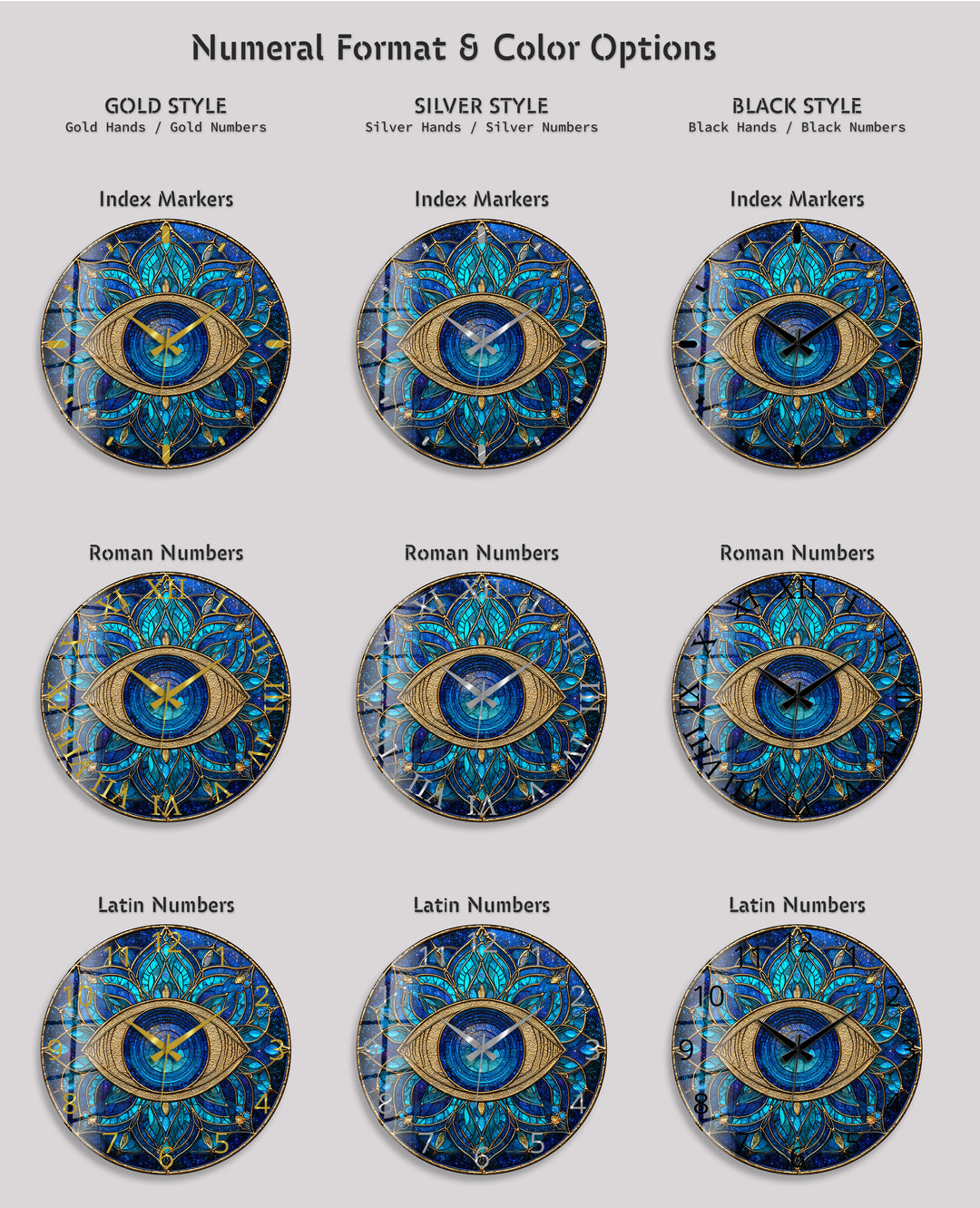 Evil Eye Glass Wall Clock – Blue Mandala Wall Decor