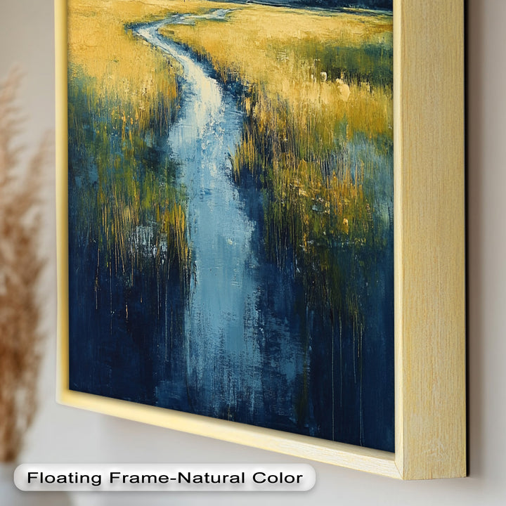 Golden Fields and Blue Stream – Contemporary Landscape Oil Painting