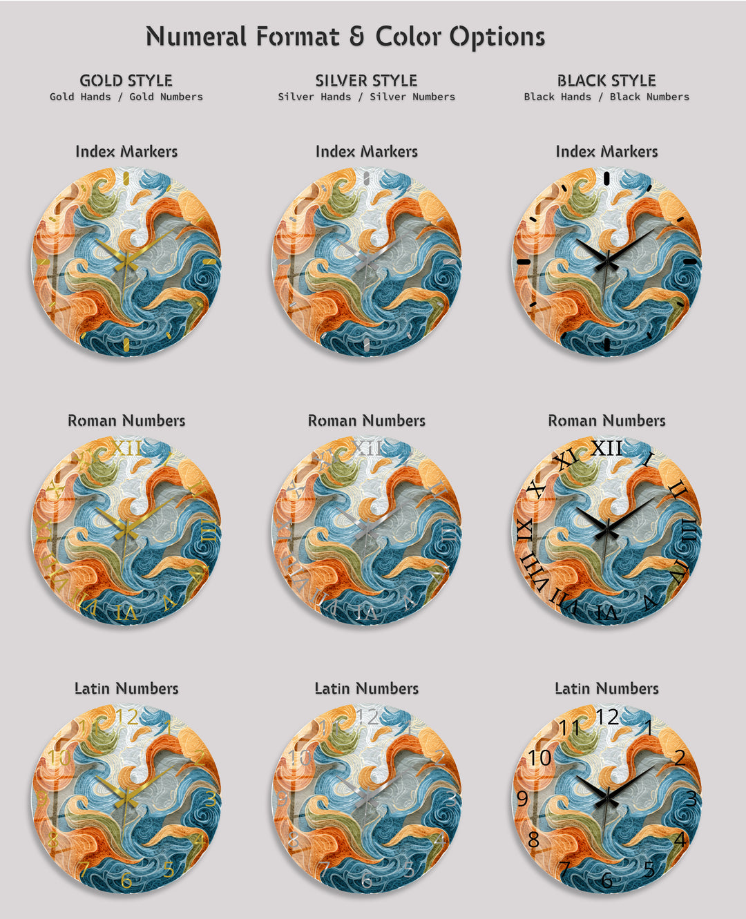 Abstract Ocean Glass Wall Clock – Blue and Orange Wave Art