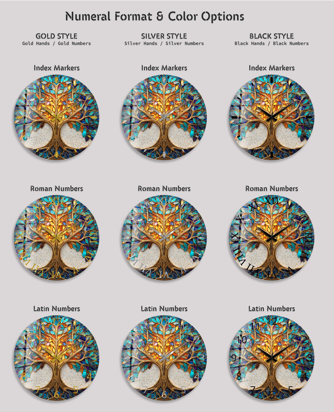 Tree of Life Glass Wall Clock – Blue and Gold Mosaic Decor