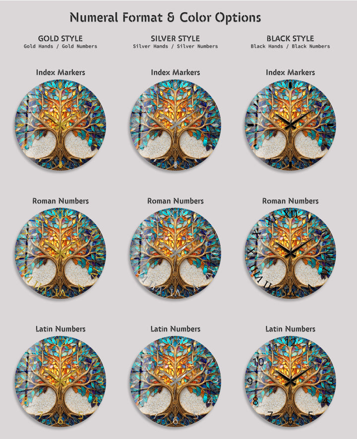 Tree of Life Glass Wall Clock – Blue and Gold Mosaic Decor