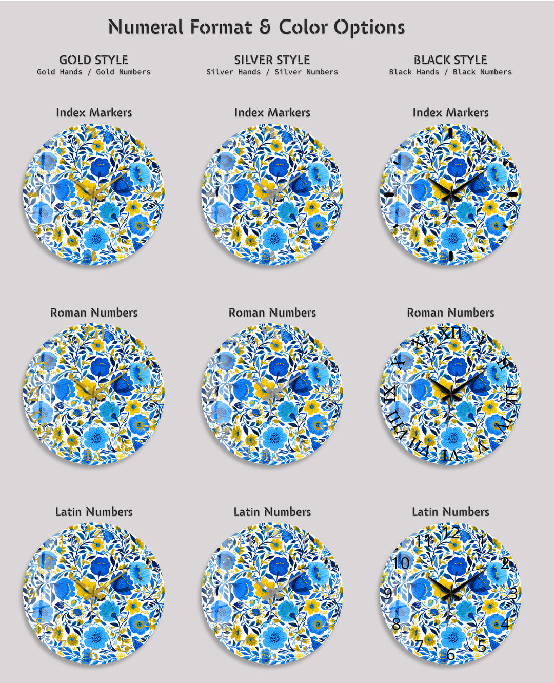 Blue and Yellow Floral Glass Wall Clock – Botanical Decor