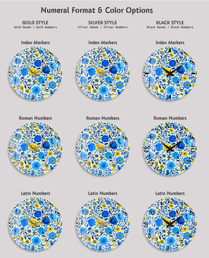 Blue and Yellow Floral Glass Wall Clock – Botanical Decor