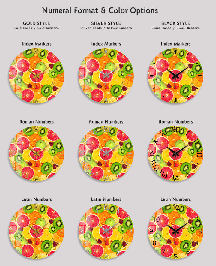 Colorful Fruit Glass Wall Clock – Citrus Kitchen Wall Decor