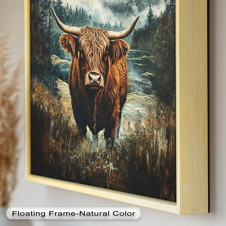 Highland Cow in Misty Pines – Wilderness Oil Painting