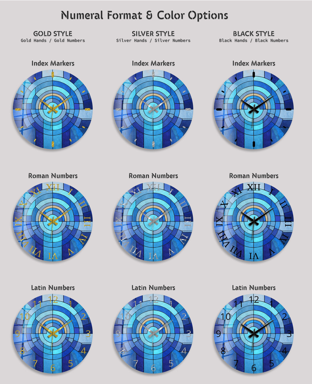 Blaue geometrische Glas-Wanduhr – Dekor im Buntglas-Stil