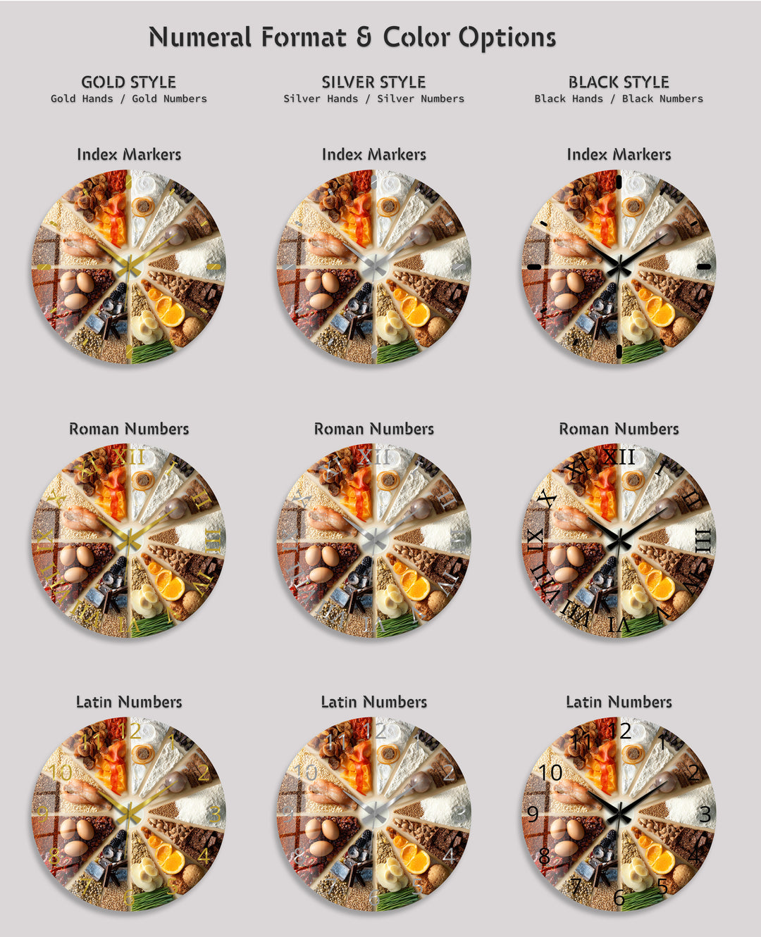 Baking Glass Wall Clock – Rustic Kitchen Ingredients Decor