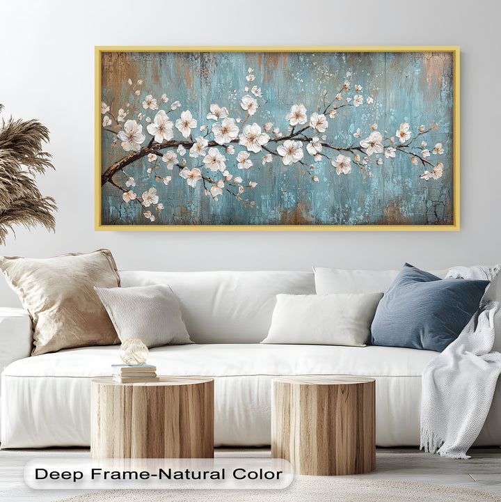 White Blossoms on Blue Textured Branch - Flower Oil Painting