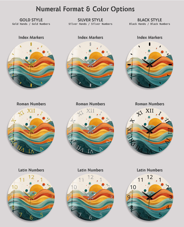 Retro Sunset Glass Wall Clock – Abstract Boho Wave Art